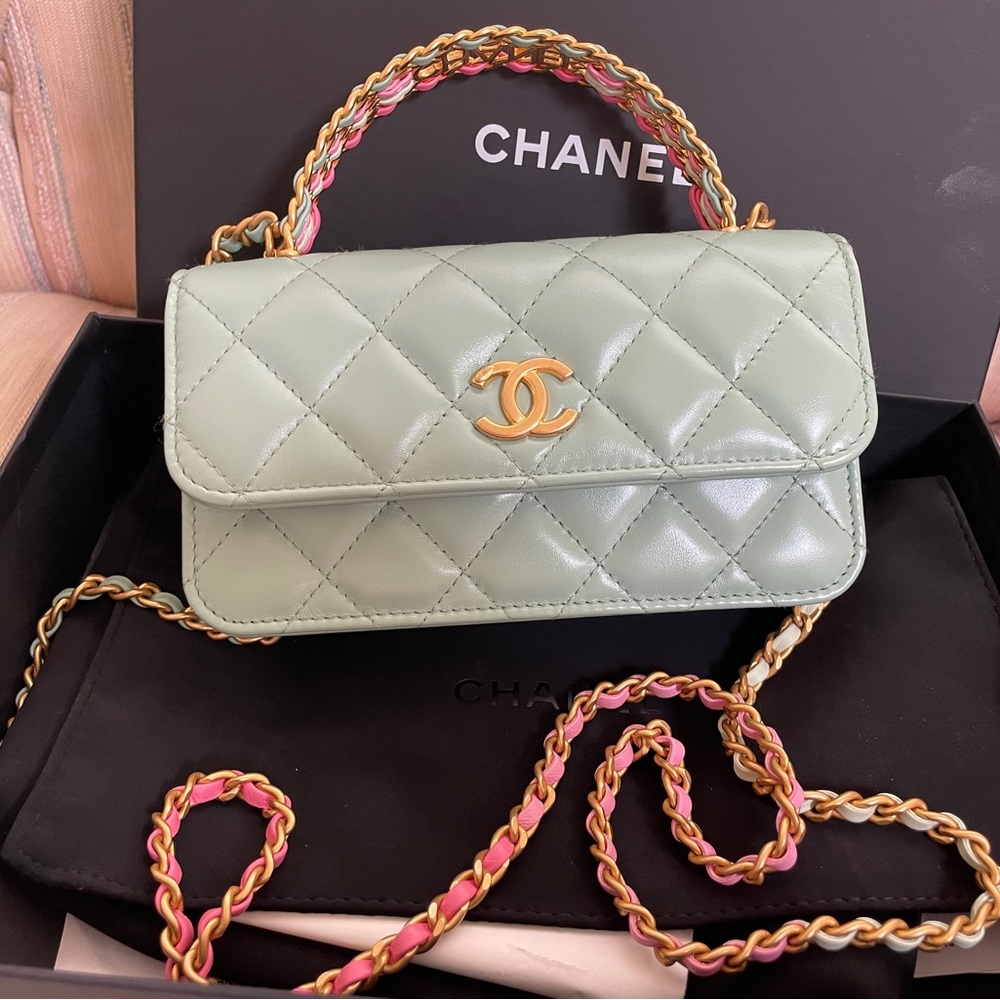 CHANEL Green Quilted Crossbody Bag with Gold Hardware